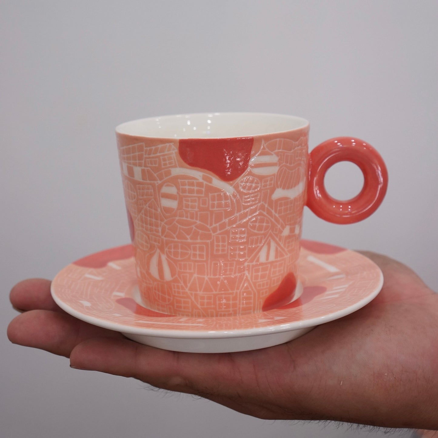 Jingdezhen | Gutou | Exclusive Customization Hundred Huts Cup & Saucer - Pink