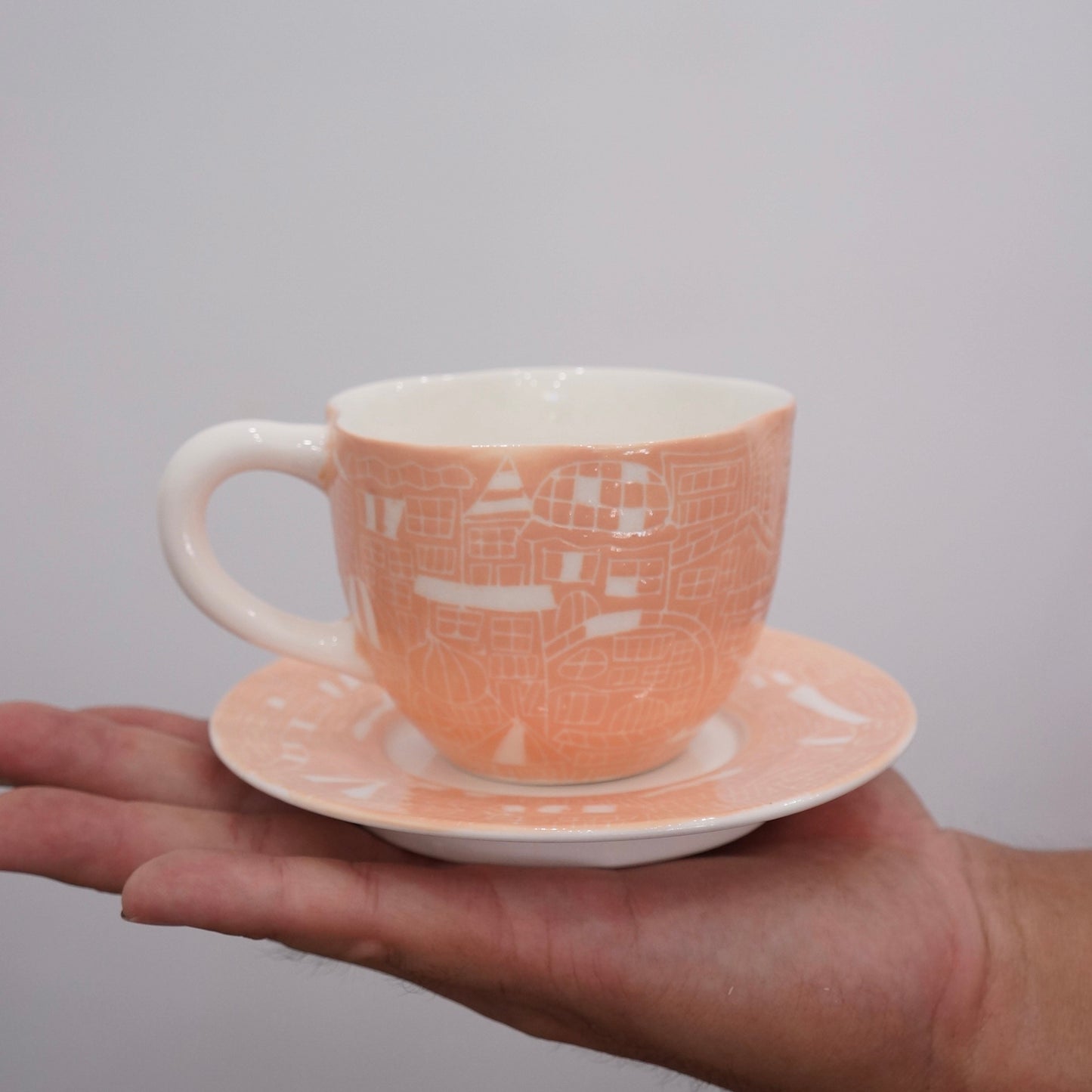 Jingdezhen | Gutou | Exclusive Customization Hundred Huts Cup & Saucer - Pink