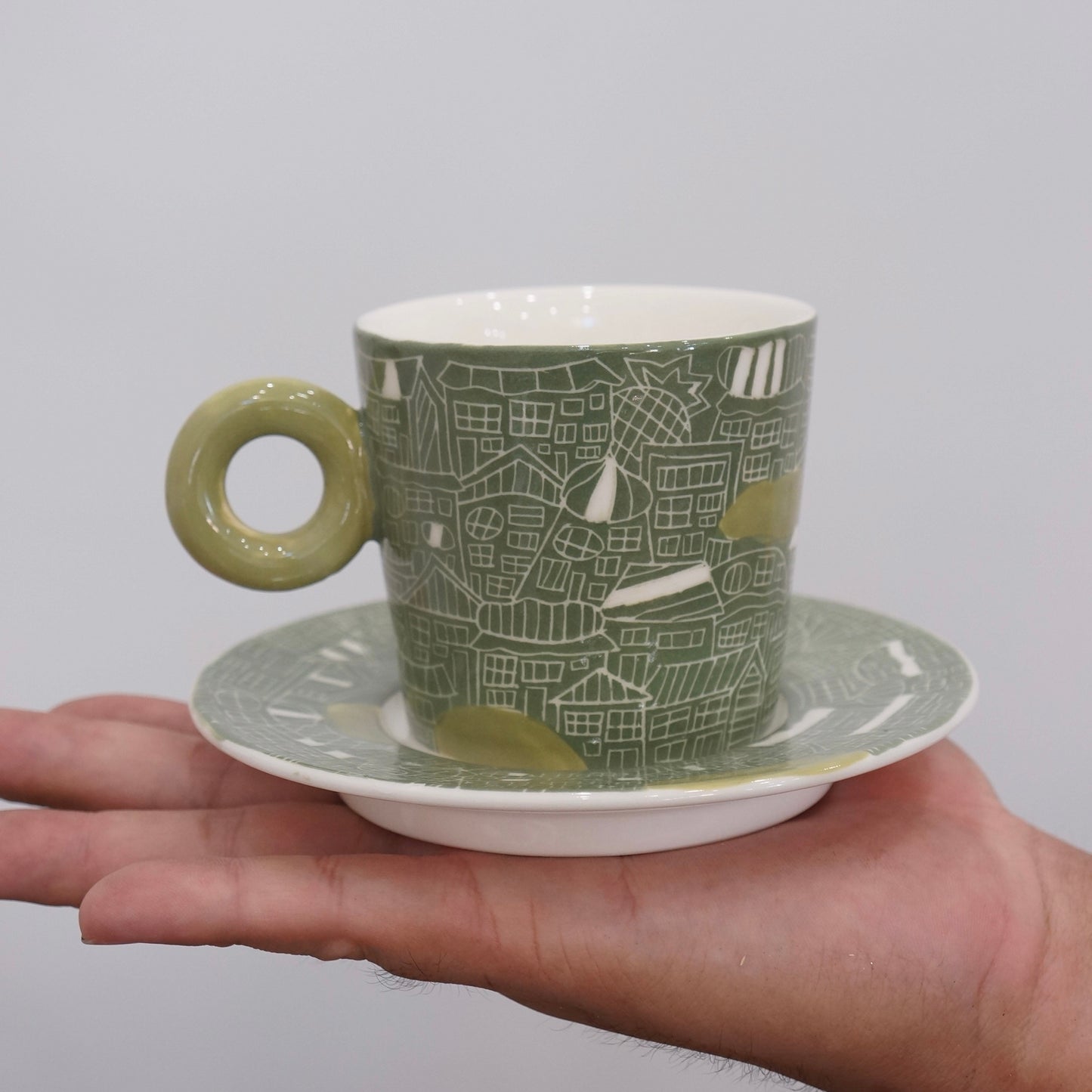 Jingdezhen | Gutou | Exclusive Customization Hundred Huts Cup & Saucer - Green