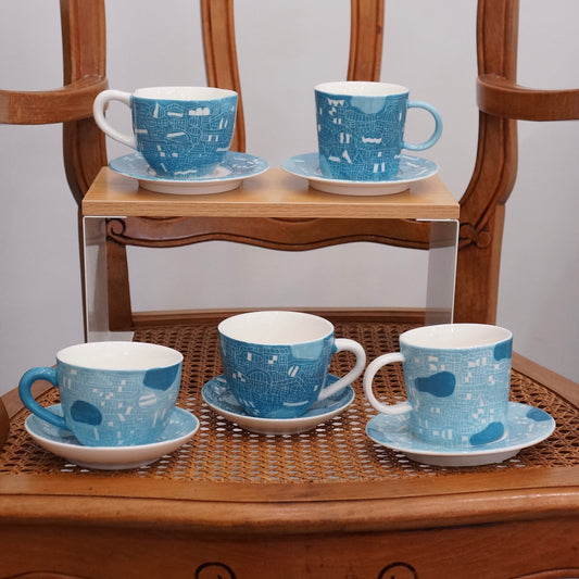 Jingdezhen | Gutou | Exclusive Customization Hundred Huts Cup & Saucer - Blue