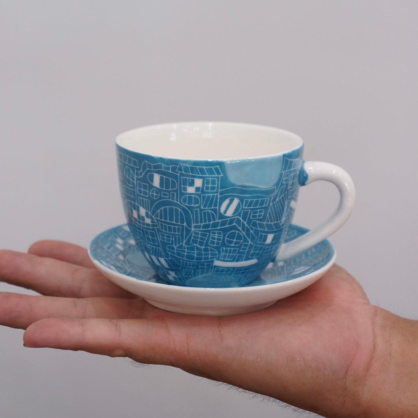 Jingdezhen | Gutou | Exclusive Customization Hundred Huts Cup & Saucer - Blue