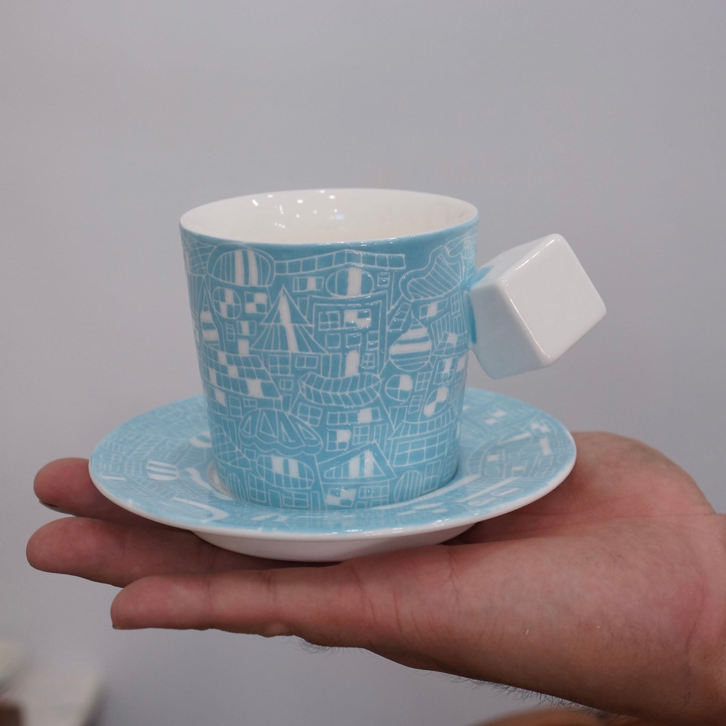 Jingdezhen | Gutou | Exclusive Customization Hundred Huts Cup & Saucer - Misty Blue