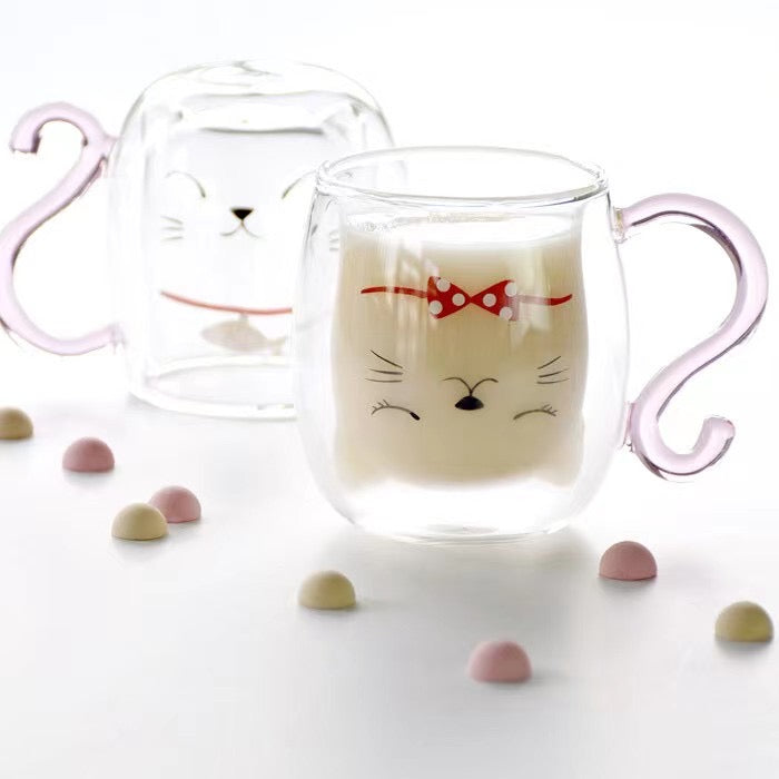 Cat Double Glass Mug - Pink Tail Red Bow