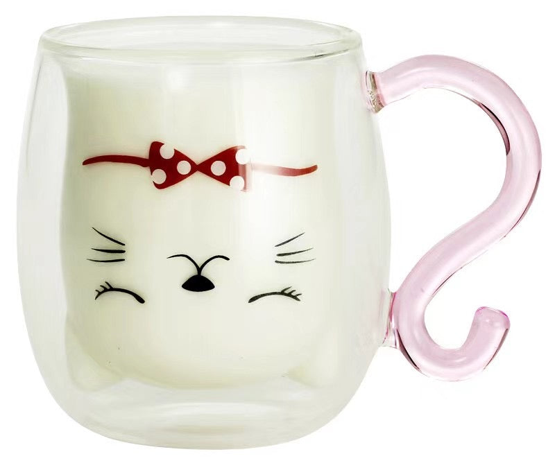 Cat Double Glass Mug - Pink Tail Red Bow