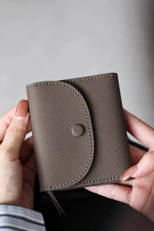 Button Flap Coin Wallet - Taupe Leather