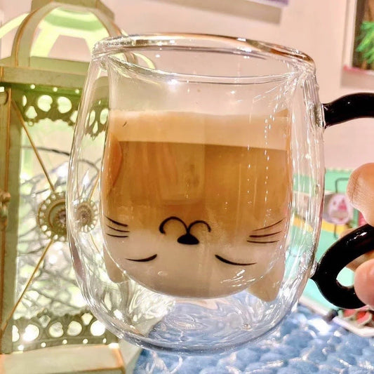 Cat Double Glass Mug - Black Tail Smile Face