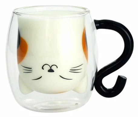 Cat Double Glass Mug - Black Tail Smile Face