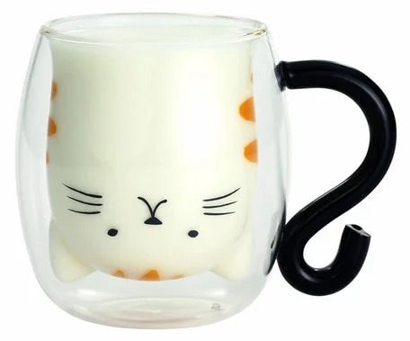 Cat Double Glass Mug - Black Tail Cool Face