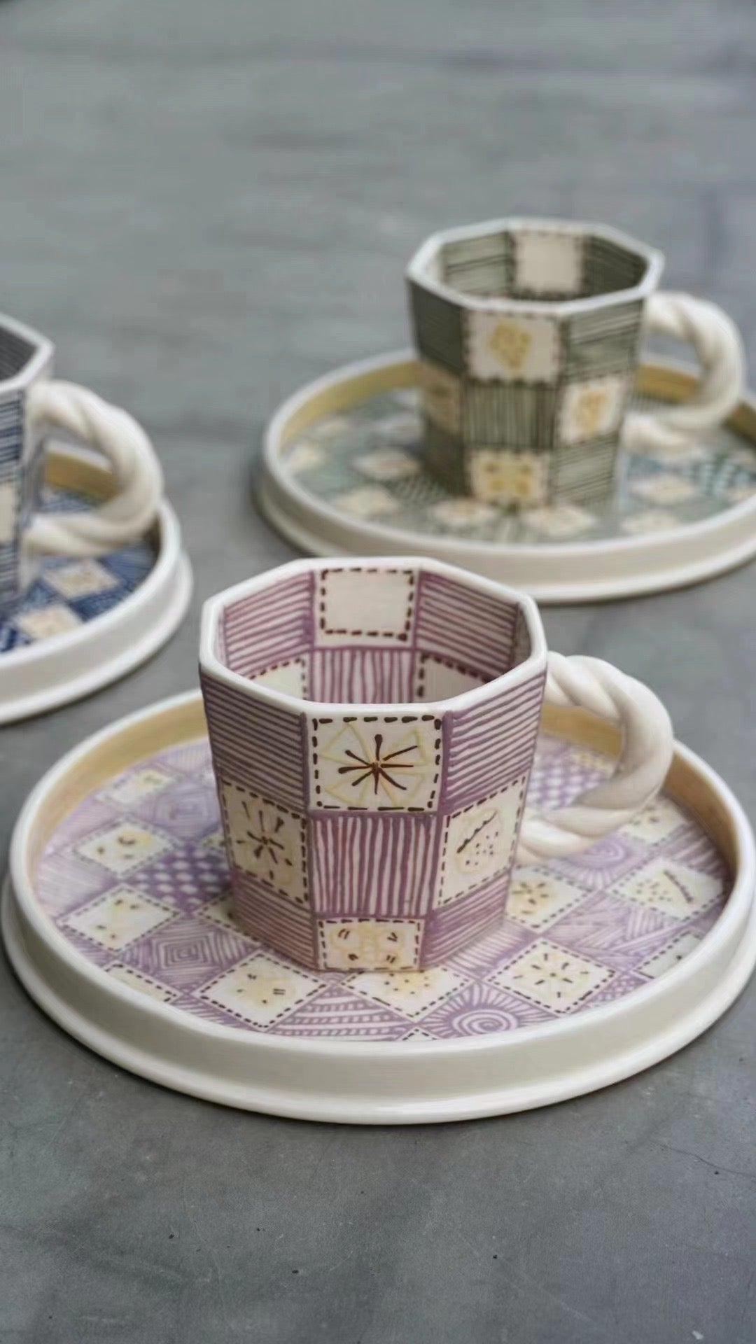 Jingdezhen | Gutou | Chessboard Pattern Mug & Saucer Set Purple